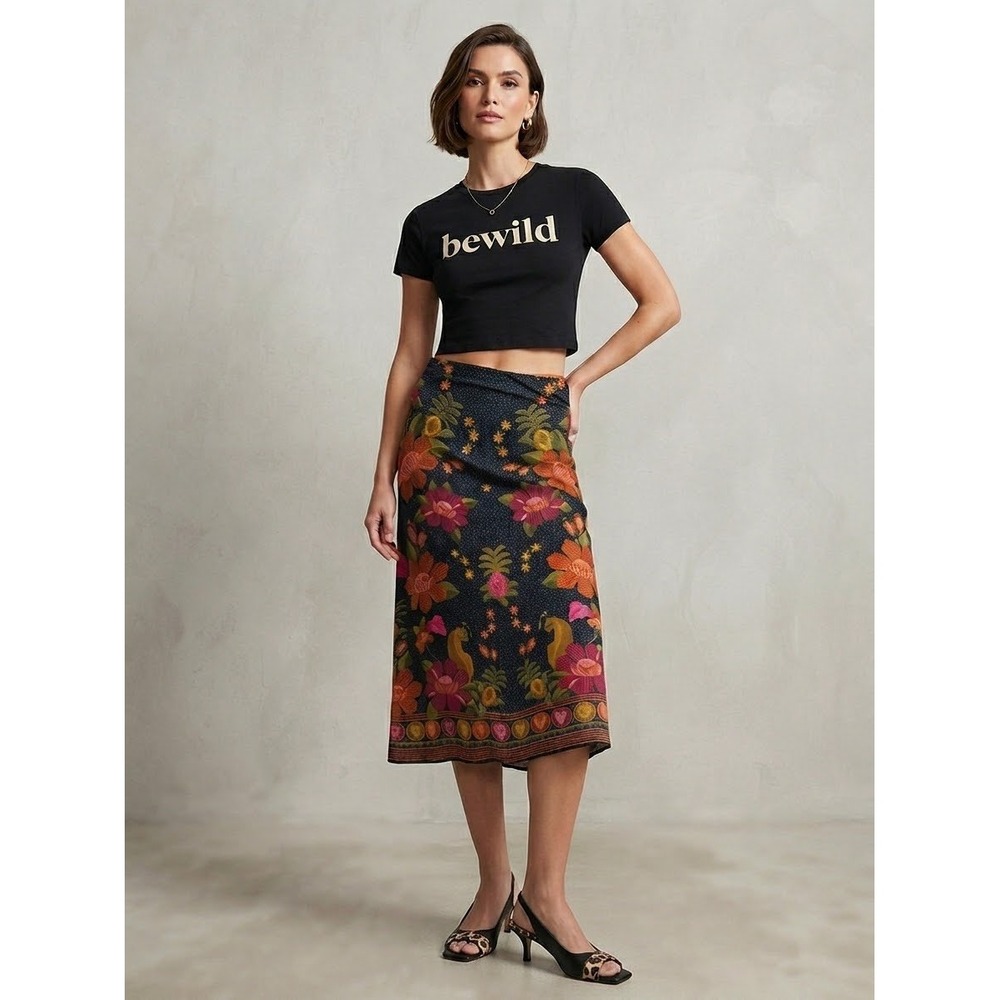 Farm Rio for Anthropologie Floral Jaguar Polka Dot Midi Skirt Black Multi S